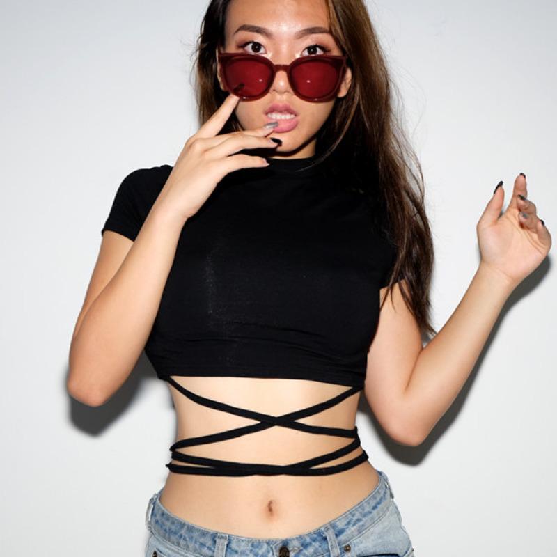 Trendy Evropský & Americký Dámský Zavazovací Bandážový Crop Top - Sexy, Zeštíhlující, Krátký Rukáv