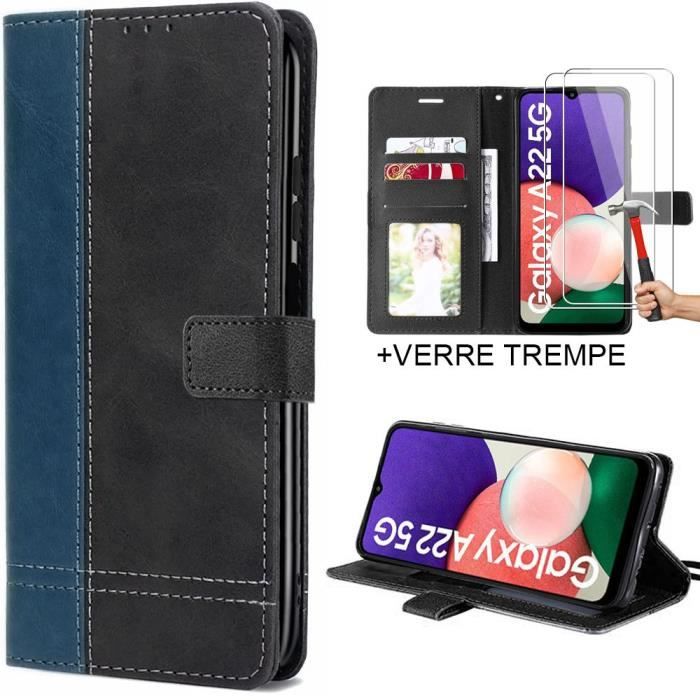 Case for Samsung Galaxy A22 5G + 2 Tempered Glasses - Navy Blue Two-Tone Synthetic Leather Case
