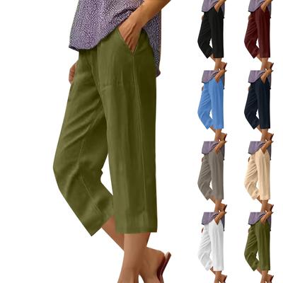 Pantaloni casual al polpaccio con tasche dritte e vita elastica, tinta unita, alla moda da donna