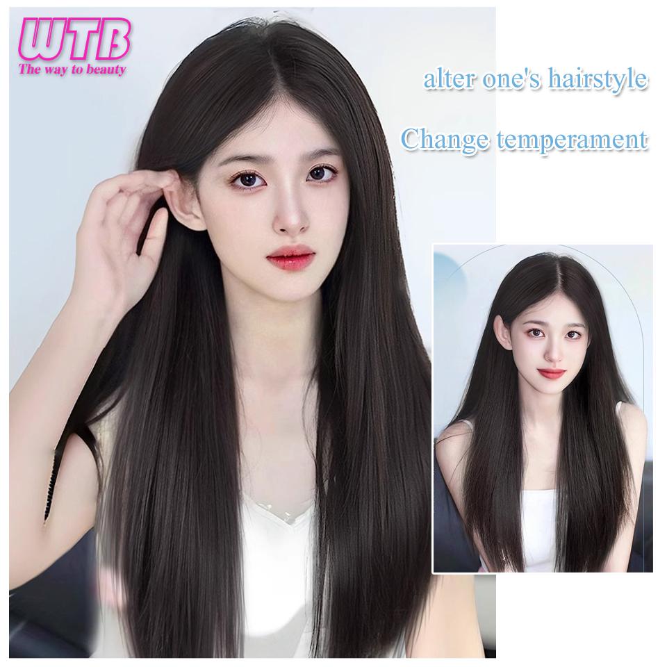 WTB Extensiones de Cabello Sintéticas con Clips Largas Rectas Extensiones de Cabello con Clips Peluca Sintética Extensiones de Cabello Piezas de Cabello Negras/Marrones Para Mujeres