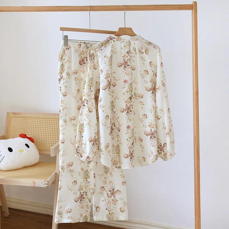 Spring / Autumn Cotton Gauze Pajamas Women's Stand-up Collar Long Sleeves Trousers Loungewear Set Loose  Pijamas