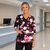 Bata de trabajo para mujer con estampado floral, cuello en V, bolsillos, aberturas laterales, mangas de tres cuartos