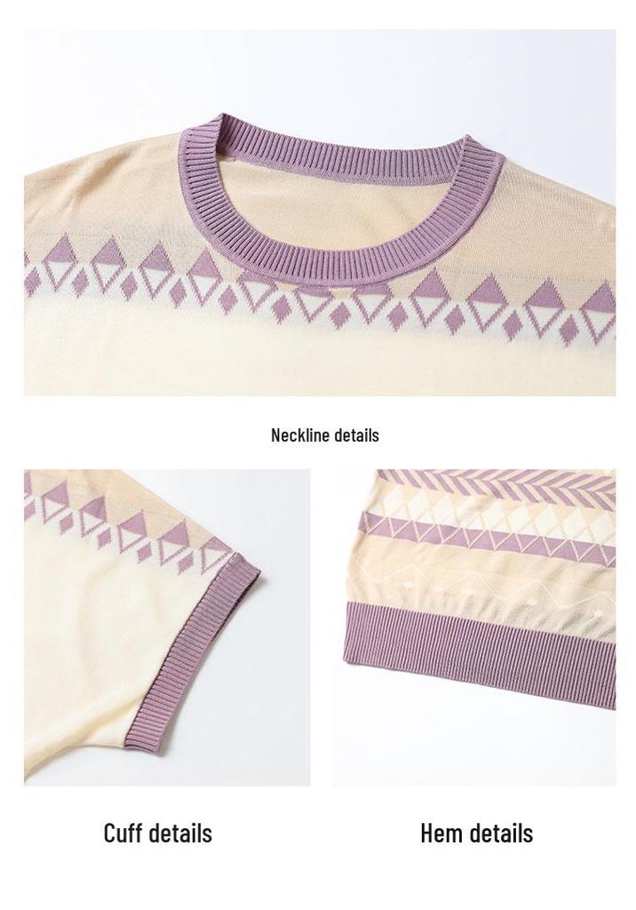 Mom's Spring Knit Cardigan & Summer T-Shirt 2-Piece Set: Stylish Short-Sleeved Top for Middle-Aged & Elderly Women
