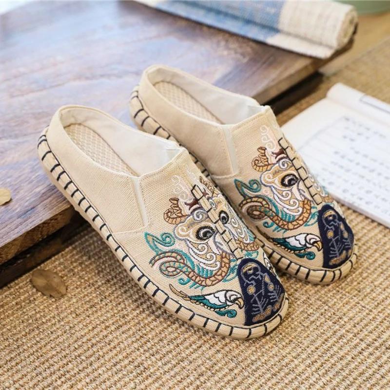 Fashion Men's Shoe Walk Around Home Embroidery Half Male Slipper Cheap Shoes Liquidation Low Price Mascullino Designer Luxury Y2k Slides