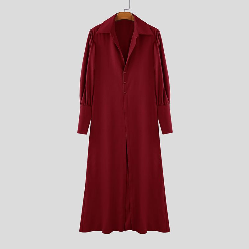 INCERUN Men Lapel Collar Long Puff Sleeve Buttons High Splits Long Shirts