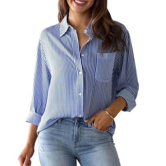 Women Shirt Lapel Long Sleeve Single Breasted Shirt Tops with Patch Pocket Loose Fit Breathable Office Tops