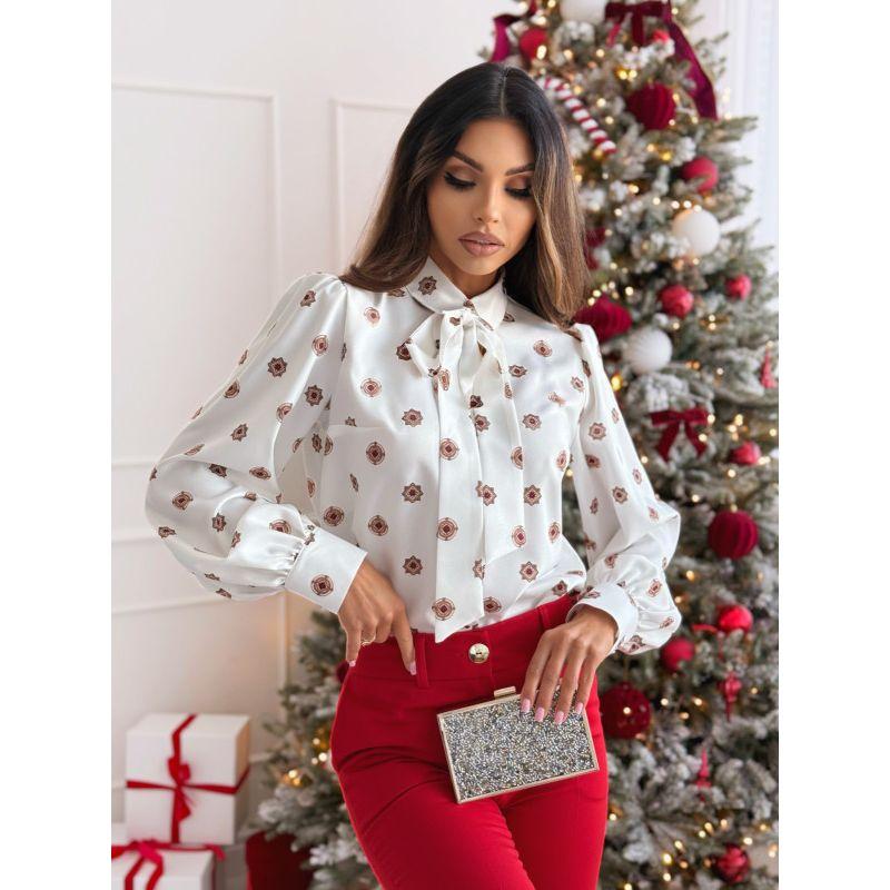 Sweet Spring New Arrival Fashion European and American Style Work Clothing Print Single-Breasted Lace up Bows Long Sleeve Shirt Top Women