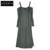 Green X Black Nylon Blend Seersucker Check Off-Shoulder One-Piece Dress 32 Green X blackUsed