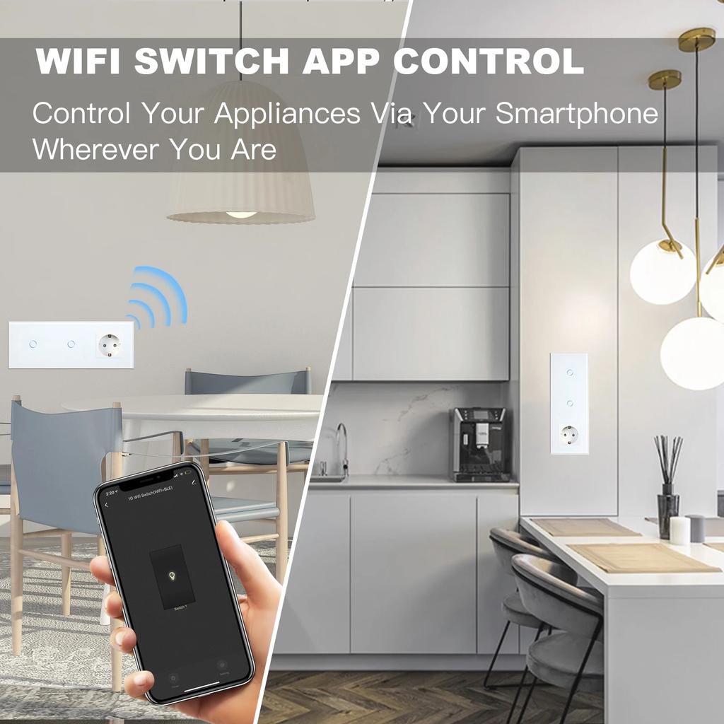 BSEED  Wifi Double 1/2/3Gang Touch Switches Smart Life Alexa Control Plus Normal Wall Power Socket EU Standard Glass Panel 228mm