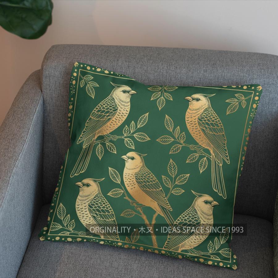 2D Elegant Green Birds Branch Pattern Pillow Cover Pattern Cushion Cover Suitable For Sofa Bedroom Car Pillow Cover
