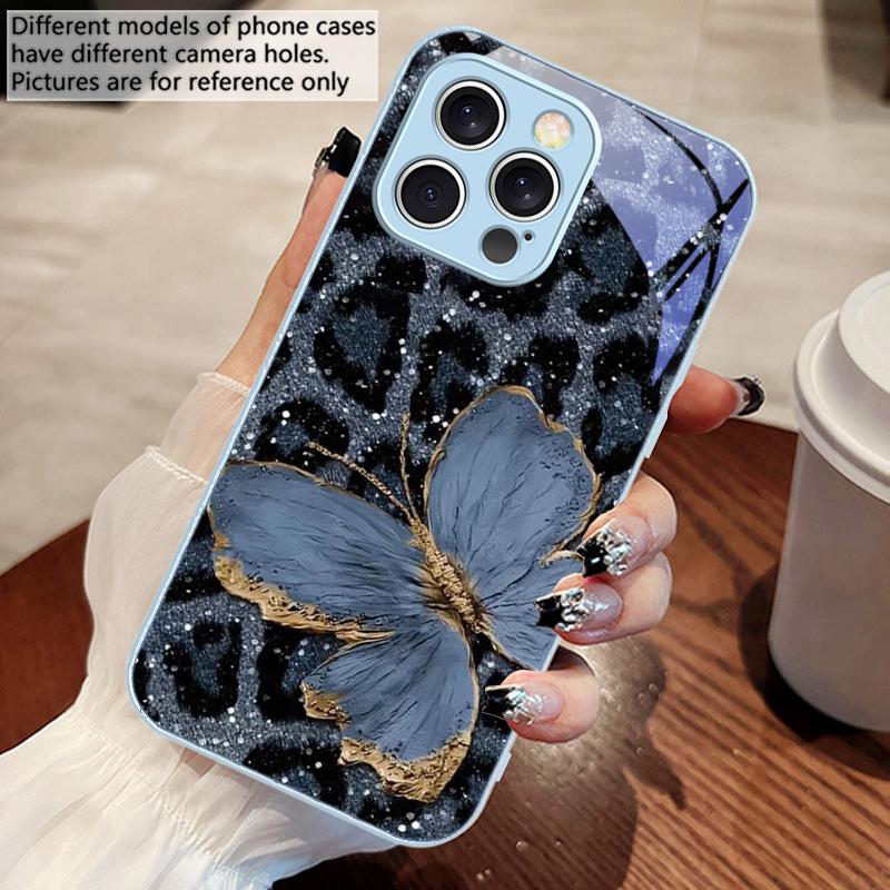 Leopard Purple Butterfly For IPhone 16 Pro Max 15 Pro 14 13 12 Mini 11 XS M ax XR 7 8 Plu SE 2022 Tempered Glass Phone Case