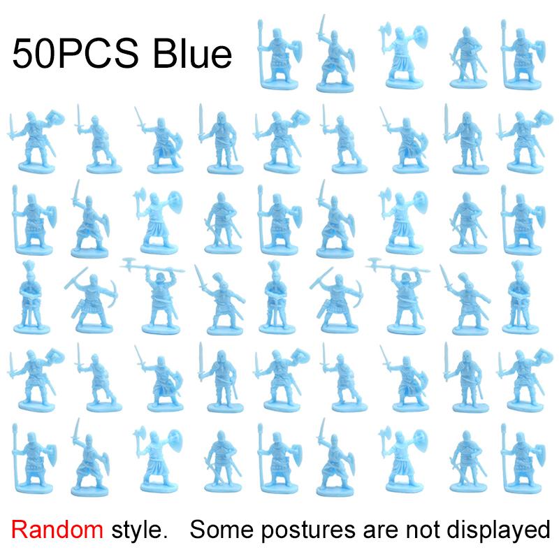 50 PCS Medieval Soldiers Model 1:72 Scale Blue Gold Gray Yellow Multiple Postures Miniature DIY War Scene Role-Playing Props ZYF
