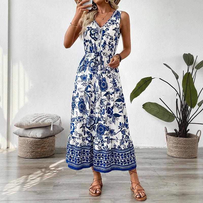 Women s Classy Sleeveless Maxi Floral Tie Waist Dress S