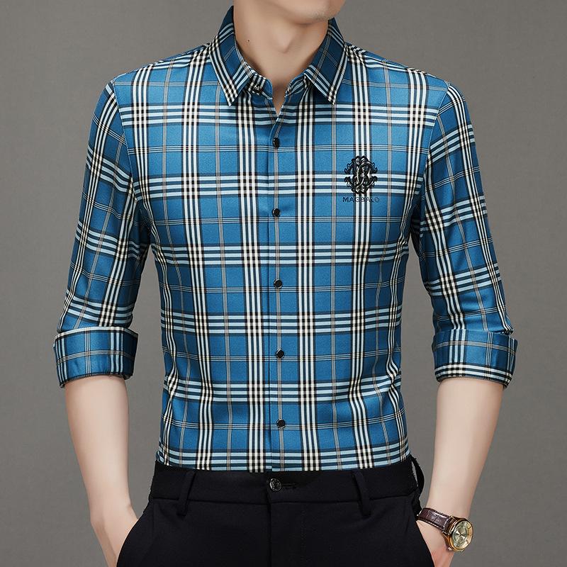 

Men s long-sleeved shirt plaid light luxury business printing spring and autumn lapel wool shirt non-ironing treatment XXXXL синій