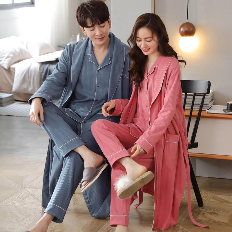 Paar Nachthemd Damen Frühling und Herbst Baumwolle Langärmeliger Bademantel Pyjama Herren Herbst Lang Yukata Loungewear Dreiteiliges Set