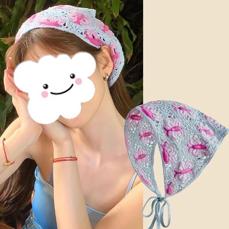 Headscarf Hat Pastoral Style Triangle Headband For Women Girls Handmade Crochet Headband Little Flower Headscarf