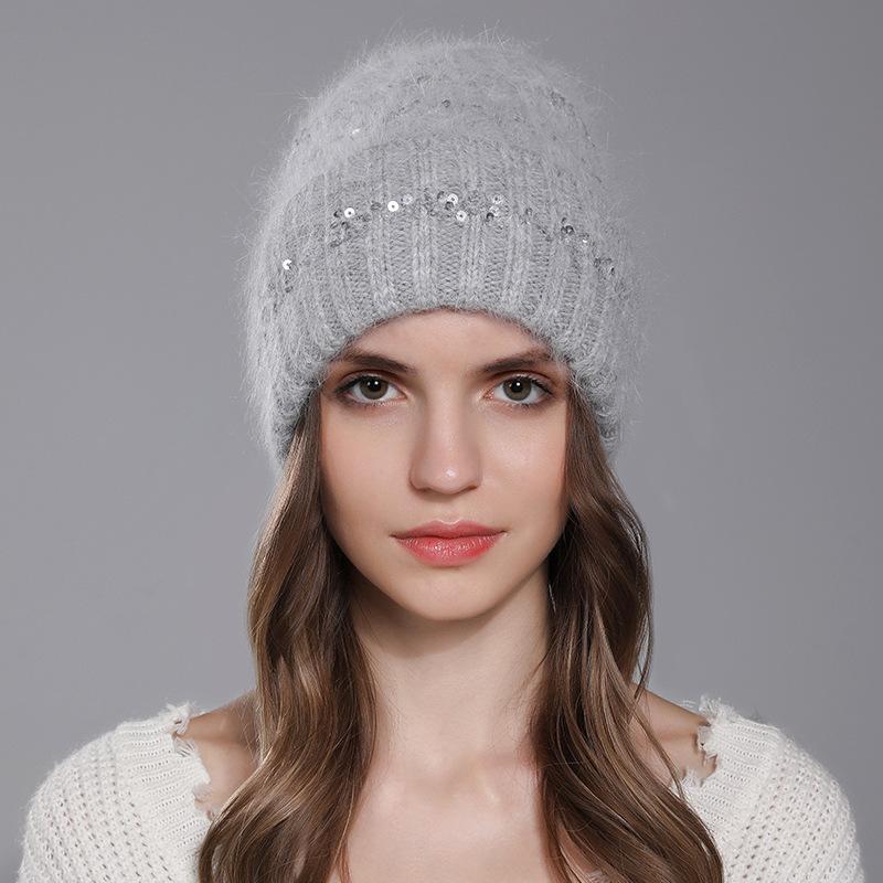 Women's New Winter Sequin Rabbit Hair Warmth Versatile Ear Protection Knitted Wood Hat