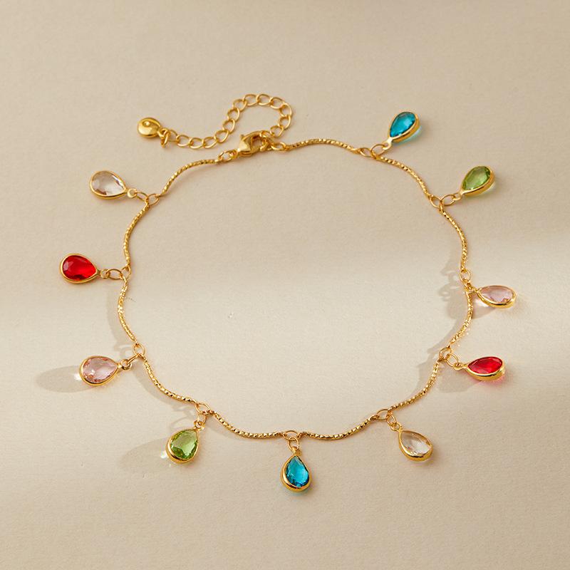 Women Multicolor Teardrop Zircon Gold Plated Exotic Anklet Foot Jewelry