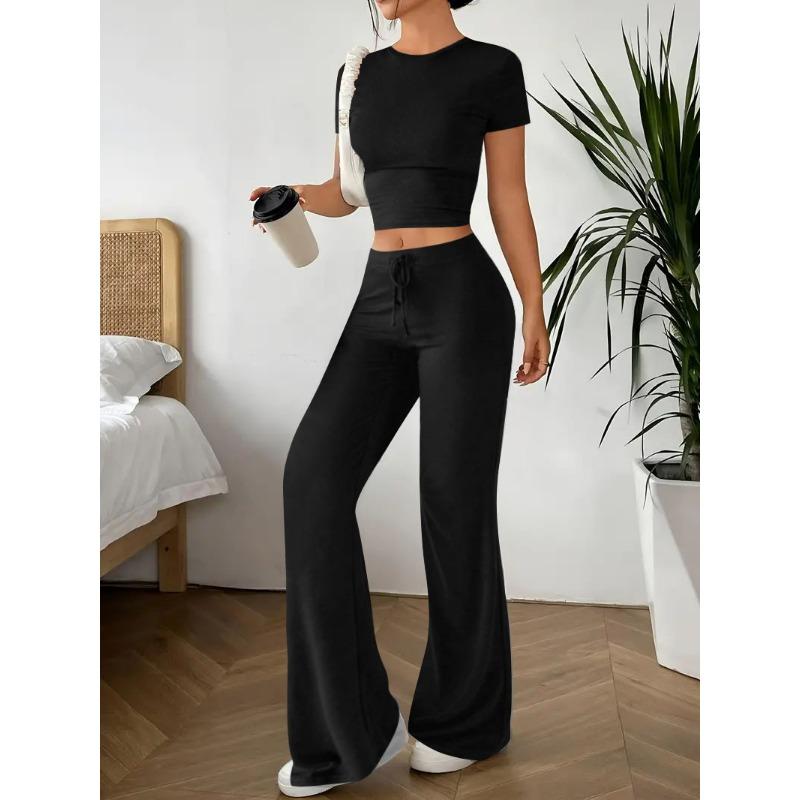 

Женский весенне-летний новый повседневный спортивный костюм с завышенной талией, однотонные брюки, футболка с короткими рукавами S чёрный