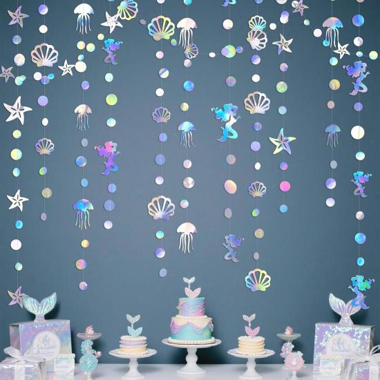 40 Ft Iridescent Mermaid Garland with Jellyfish Seashell Starfish Pearl Holographic Paper Streamer for Little Mermaid Rainbow Theme Birthday