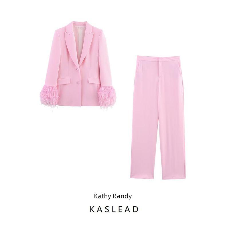 Kaslead New Women Clothes Western Style Feather Cuff Blazers Trousers 7844934 3421324