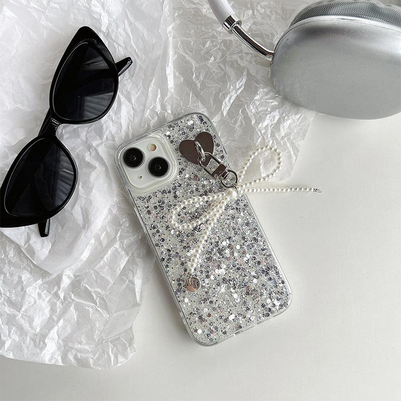 Pearl bow pendant love mobile phone case for Iphone16Promax Epoxy sequins Apple 17 women's models