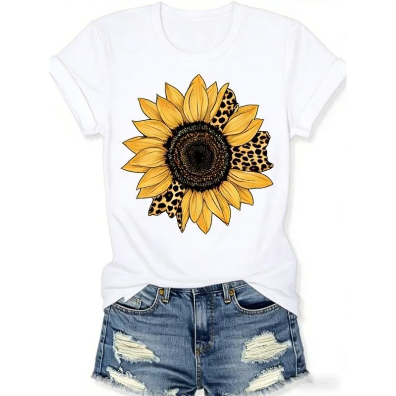 Women'S Summer Black Round Neck Short Sleeve T-Shirt Featuring A Sunflower Leopard Print, A Breathable Casual Design Perfect for Home,