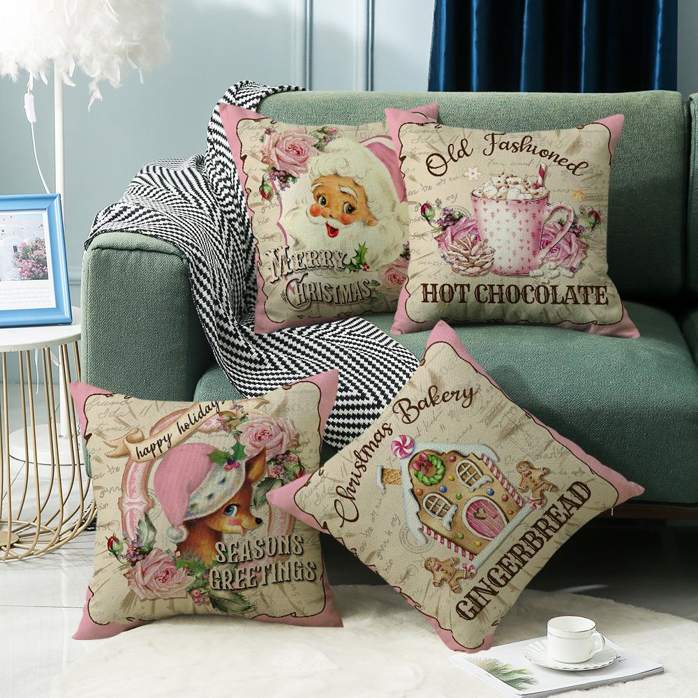 Pink Cute Santa Claus Pillowcase, Linen Print Pillow, Bedroom Bedside Cushion, Sofa Cushion, Festive Atmosphere