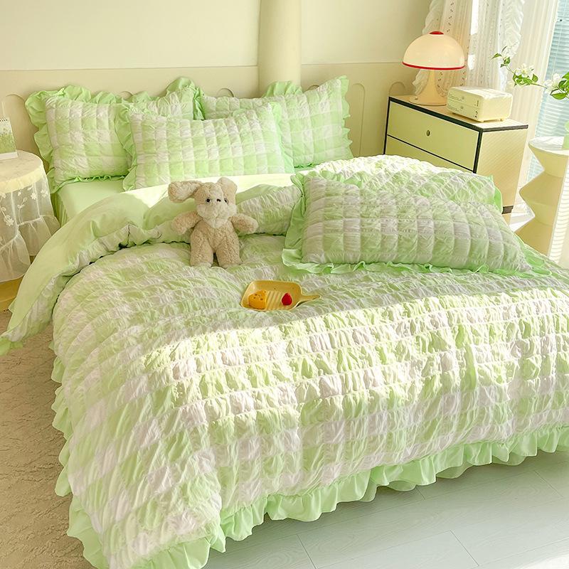 Washed Cotton Plaid Seersucker Bed Four-piece Set, Bed Sheet, Bed Skirt, Quilt Cover, Dormitory Bedding Three-piece Set