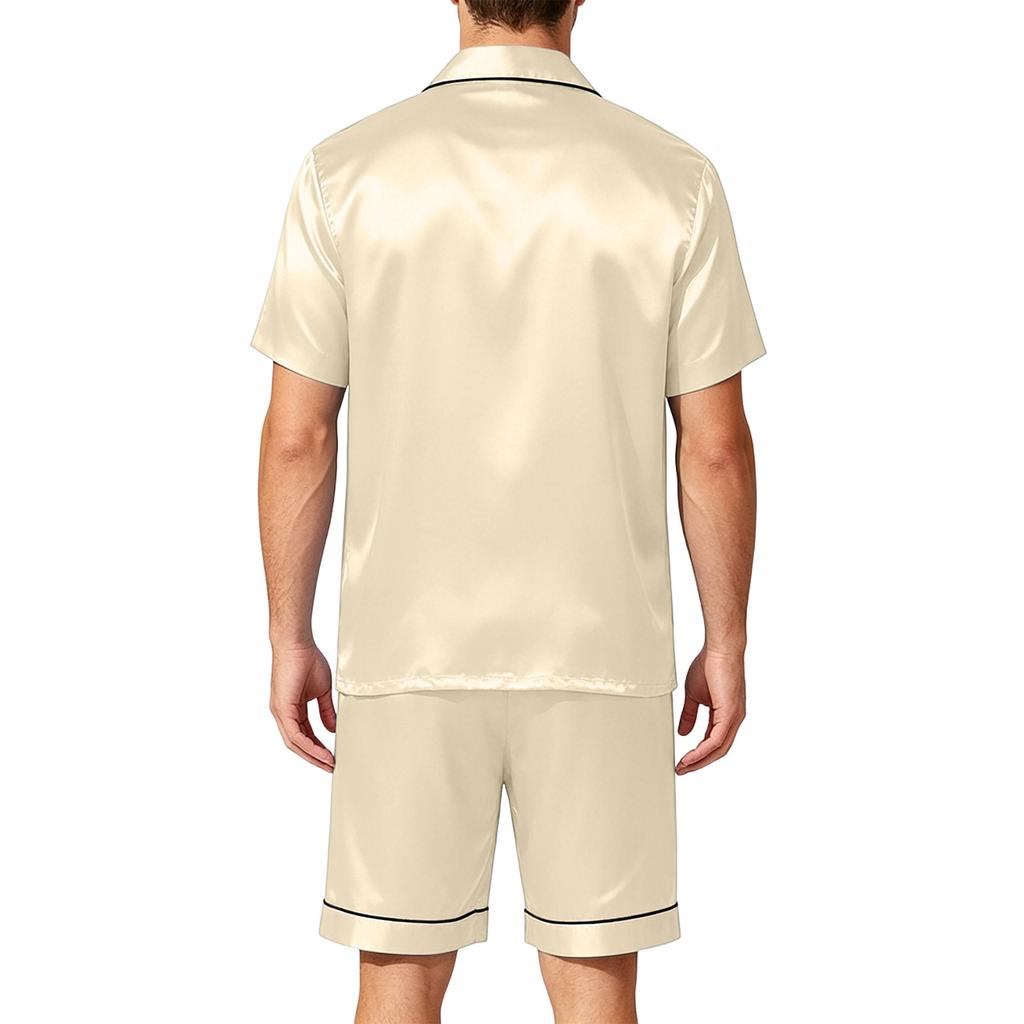 Conjunto de Pijama Satinado de Manga Corta para Hombre con Pantalones Cortos, 2 Piezas, con Bolsillo