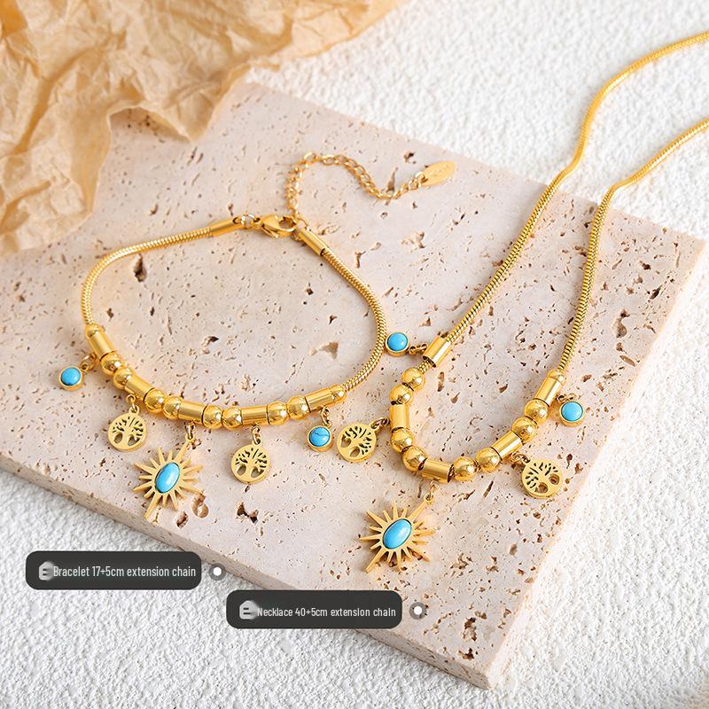 Fashion Commuting Jewelry Set: Little Sun Tree Pendant, Turquoise Design Bracelet & Necklace In Titanium Steel