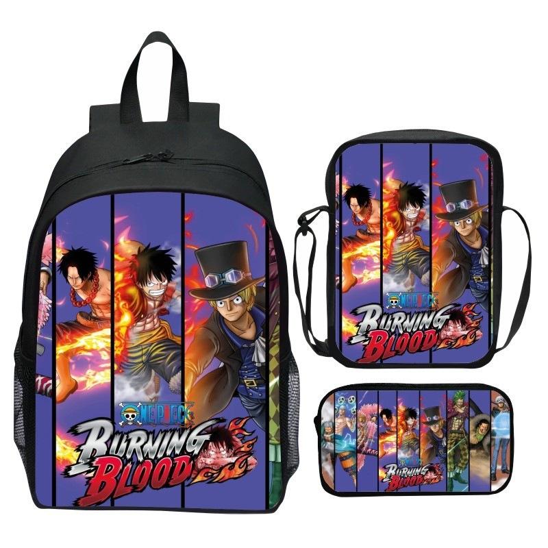 Set Zaino 3 Pezzi Stampato One Piece Cartone Animato Pirata Blu Marinaio Zaino Scuola Elementare Grande Capacità Resistente all'Acqua Zaino per Bambini