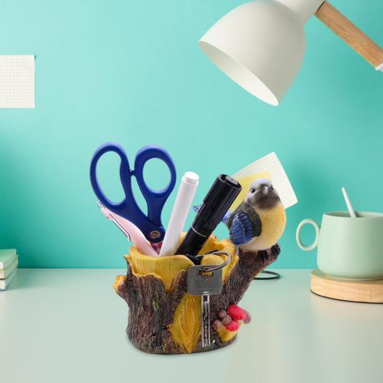 Simulated Bird Pen Holder Resin Stump Bird Stationery Pencil Stand