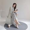 Fashionable Ink Painting Bubble Sleeve Maxi Dress for Women Spring