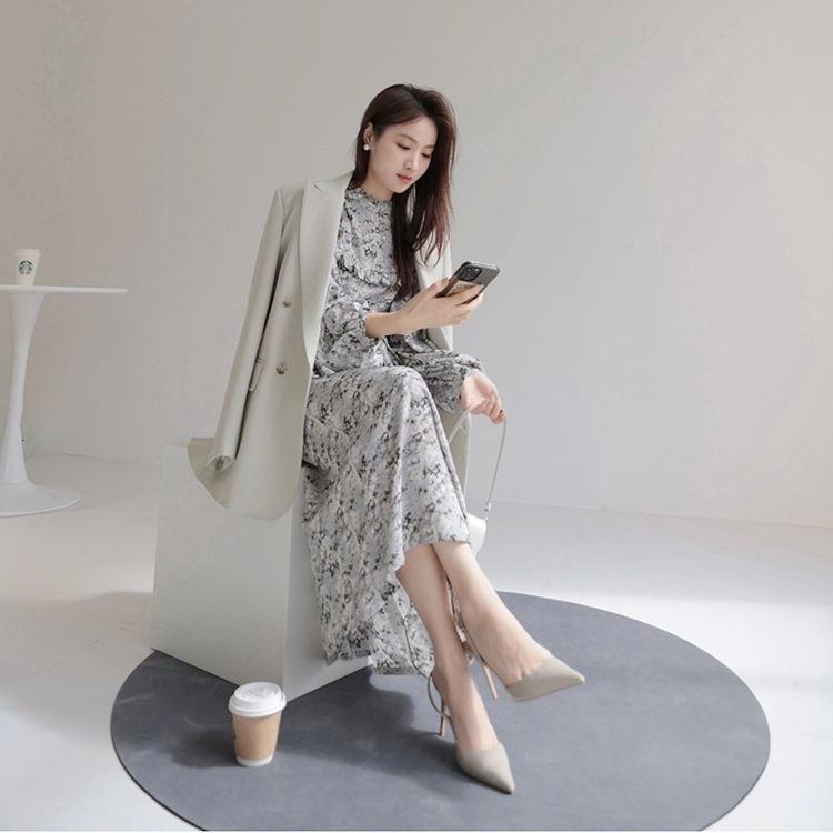 Fashionable Ink Painting Bubble Sleeve Maxi Dress for Women Spring