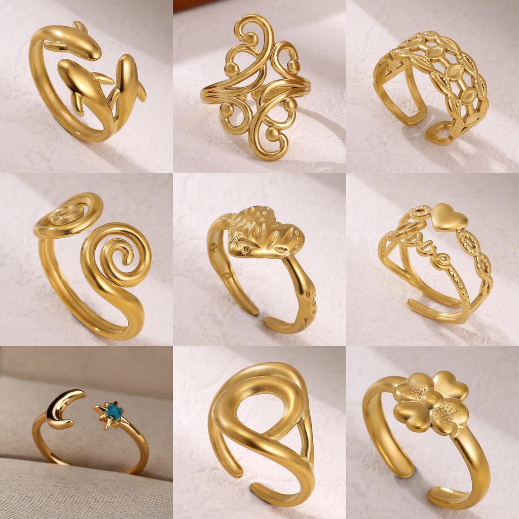 Irregular Geometric Adjustable Rings For Women Gold Color Stainless Steel Waterproof Dolphin Fish Anillos Heart Dainty Jewelry