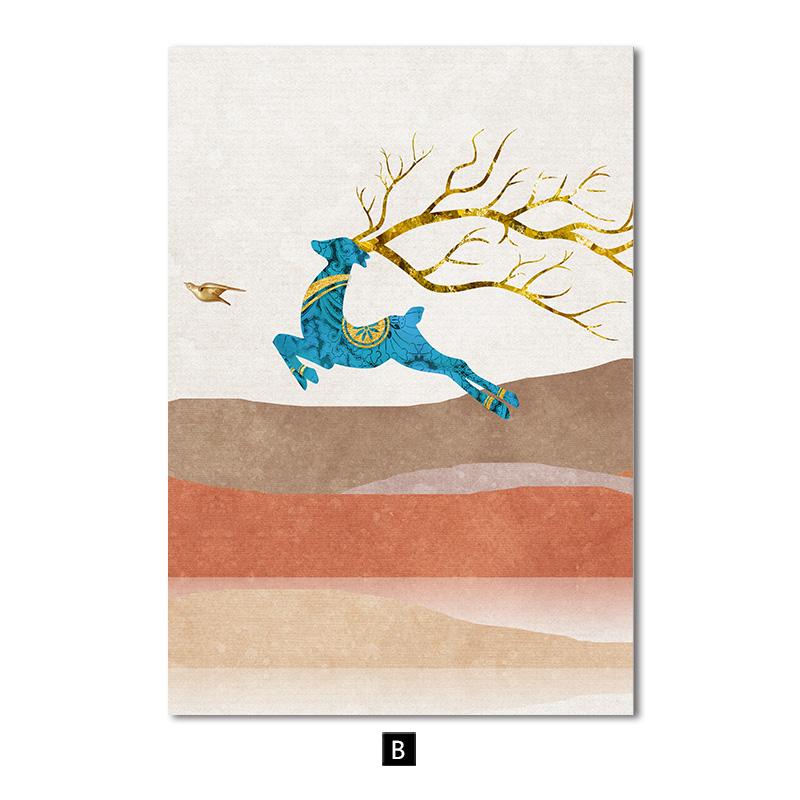 Nordic Landscape Poster Wall Art Canvas Print Picture Mountain Deer Moon Sunrise Modern Abstract Painting for Living Room Decor