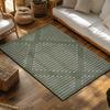 Dark Green Geometric Bohemian Rug, White Line Pattern Non-Slip Carpet, Natural Living Room Mat for Cozy Home Decor