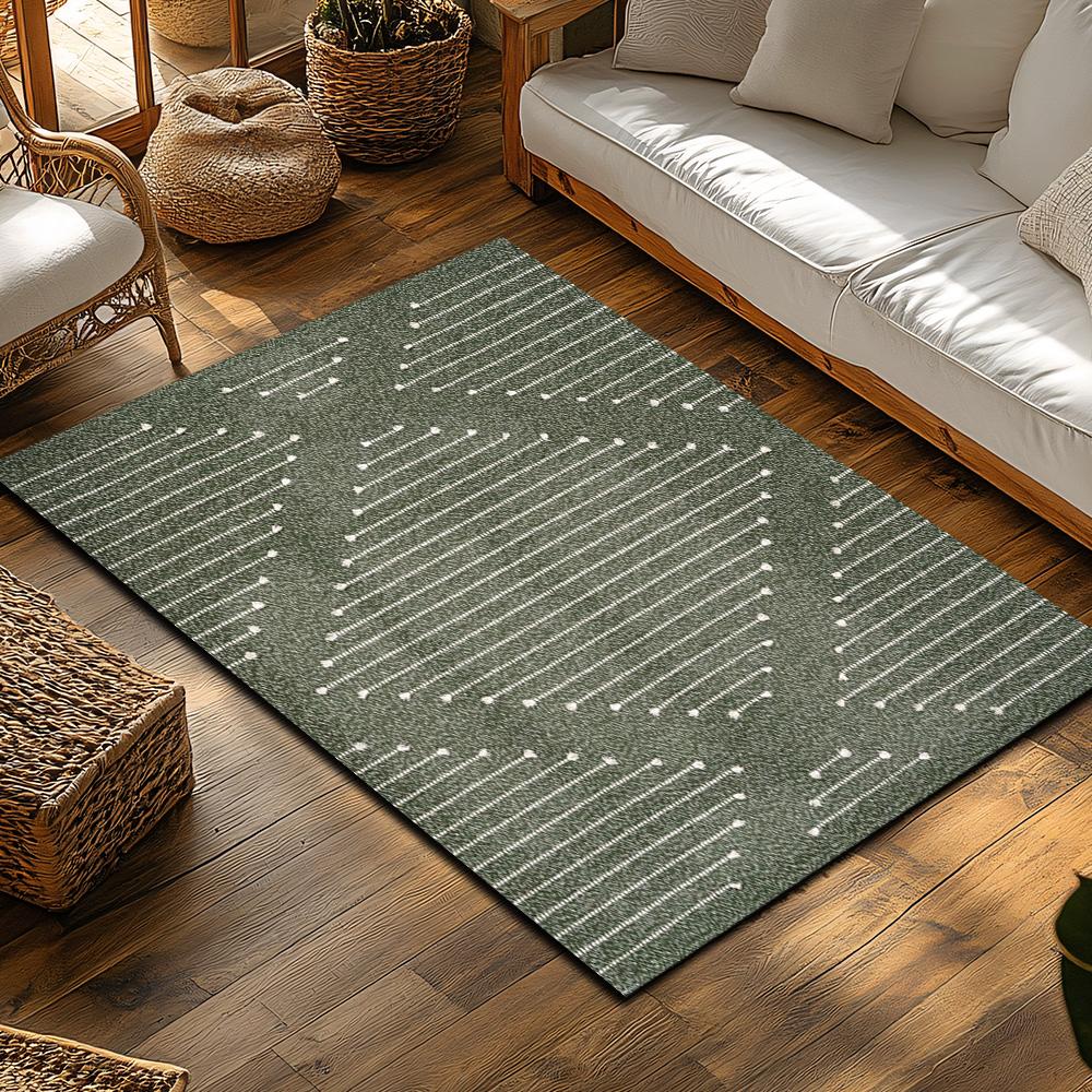 Dark Green Geometric Bohemian Rug, White Line Pattern Non-Slip Carpet, Natural Living Room Mat for Cozy Home Decor