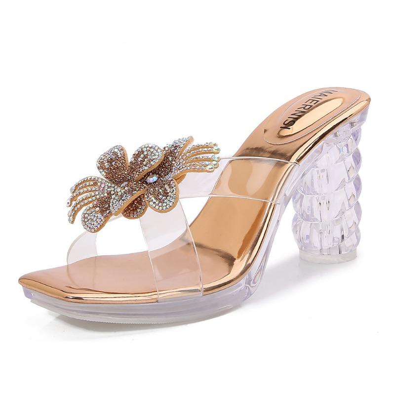 

Летние новые сандалии на толстом каблуке с цветком женские прозрачные с ремешком через подъем на высоком каблуке со стразами бантом с открытым носком туфли принцессы 43 шампанского