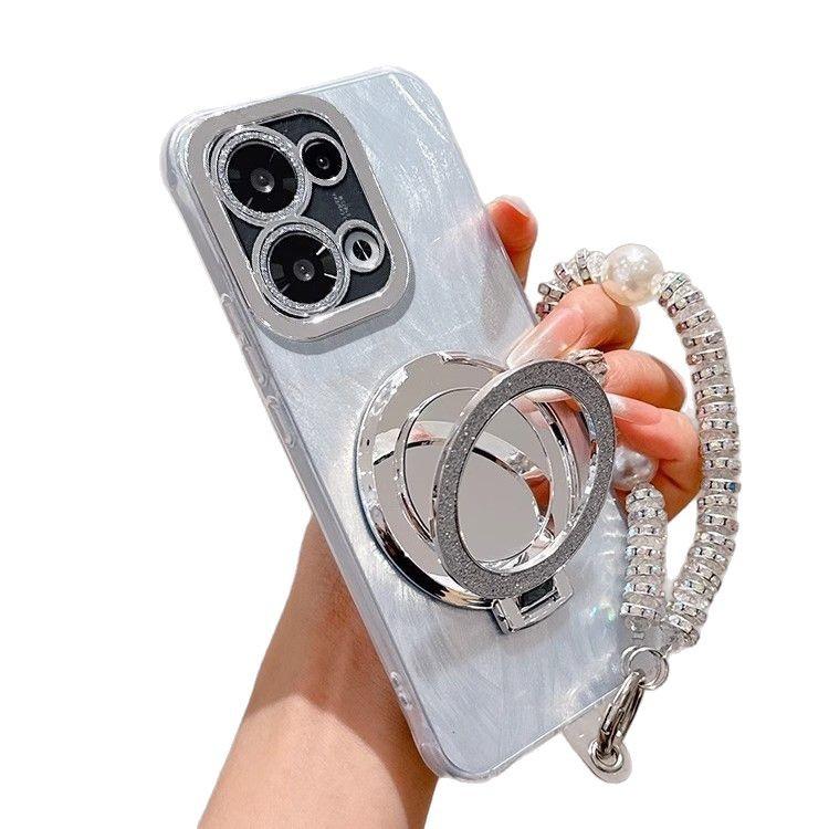 Comes with lens film OPPOReno11 gradual change feather yarn A11 glitter mirror bracket bracelet protective cover