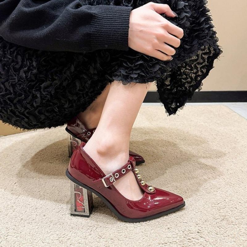 Women's Thick Heel Shoes Spring New Pointed Head Shallow Mouth Rivets Metal Buckle Line Belt High Heels