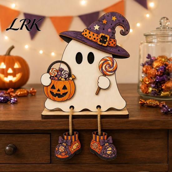 Halloween Tabletop Decorations Wooden Harvest Festival Ghost Ornament for Autumn Home Desktop Decoration, Cute Modern Farmhouse Fall Figurine