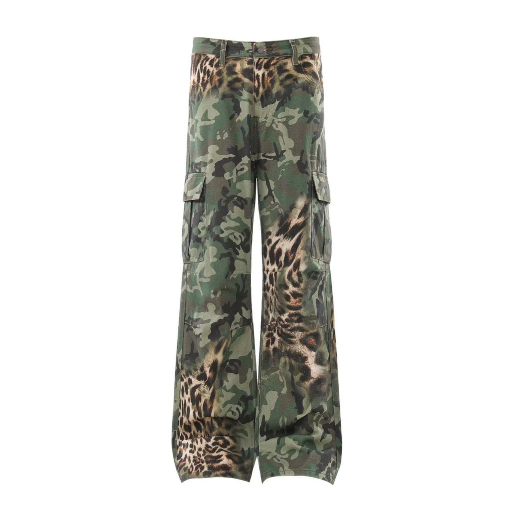 American retro ripped patch embroidery camouflage jeans men's loose wide-leg tooling casual pants high street ruffian handsome