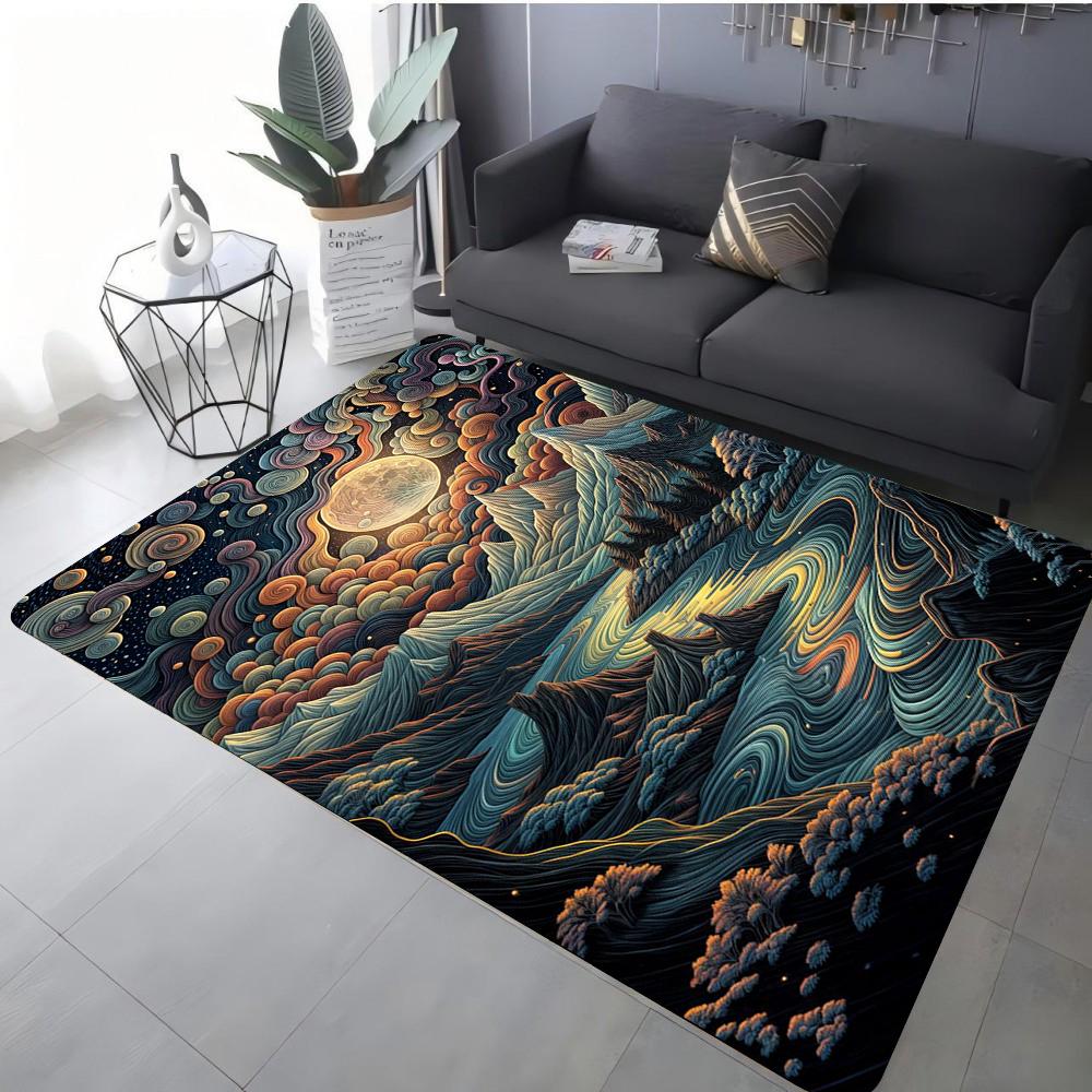 Fantasy Landscape Art Carpet Various Styles With Swirl Mountain Sun Moon Waterfall Patterns Non Slip Rug For Living Room Decor