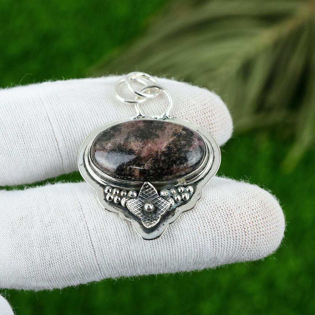 Natural Rhodonite Gemstone Pendant Pink 925 Sterling Silver Indian Jewelry