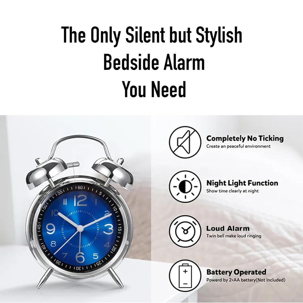 4-Zoll-Wecker aus Metall, leise, nicht tickend, Nachttischwecker, Vintage-Tischuhr mit Doppelglocke für Tiefschläfer, Kinder