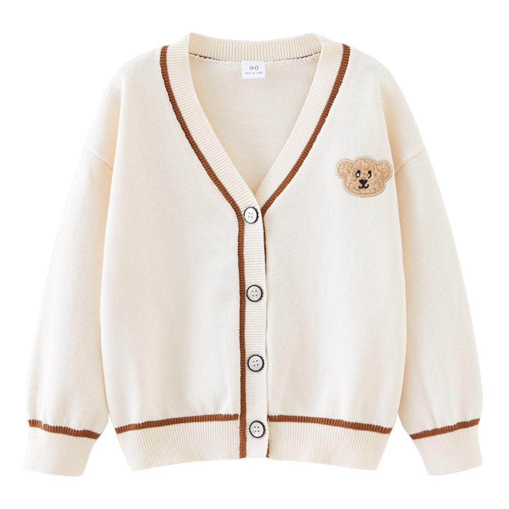 Spring and Autumn Bear Embroidery V-Neck Contrast Color Knitted Cardigan Long Sleeve Cartoon Boy Sweater Jacket