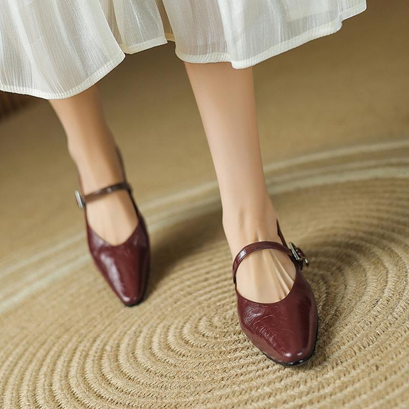 Fashion NEW Spring/Autumn Women Pumps Square Toe Low Heel Shoes Split Leather Shoes for Women Concise Buckle Strap Mary Janes Shoes