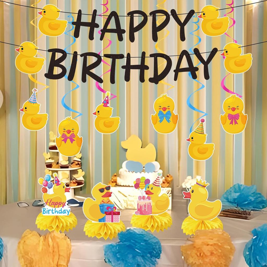 Duck Birthday Party Decorations - 18PCS Duck Party Decorations with Banner Hanging Swirls Centerpieces for Tables Duck Happy Birthday Decorations for